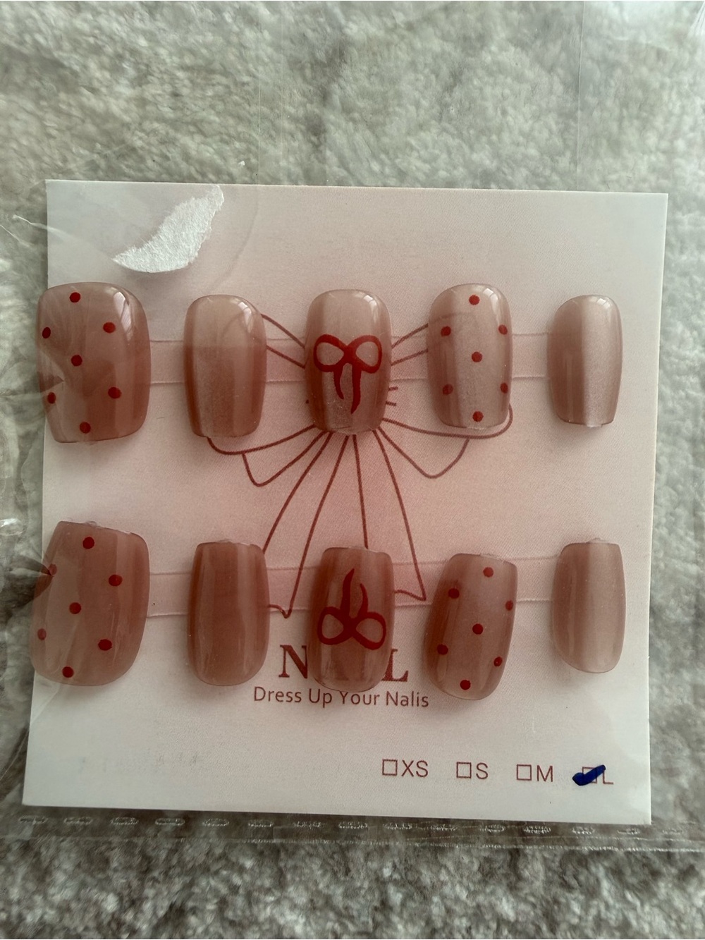 Neutral Cat Eye Pink Press-On Nails with Red Bow & Polka Dots Large